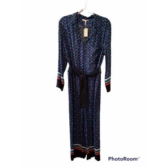 Maje Boho print silky Wide Leg Jumpsuit Blue Black L - Picture 7 of 10